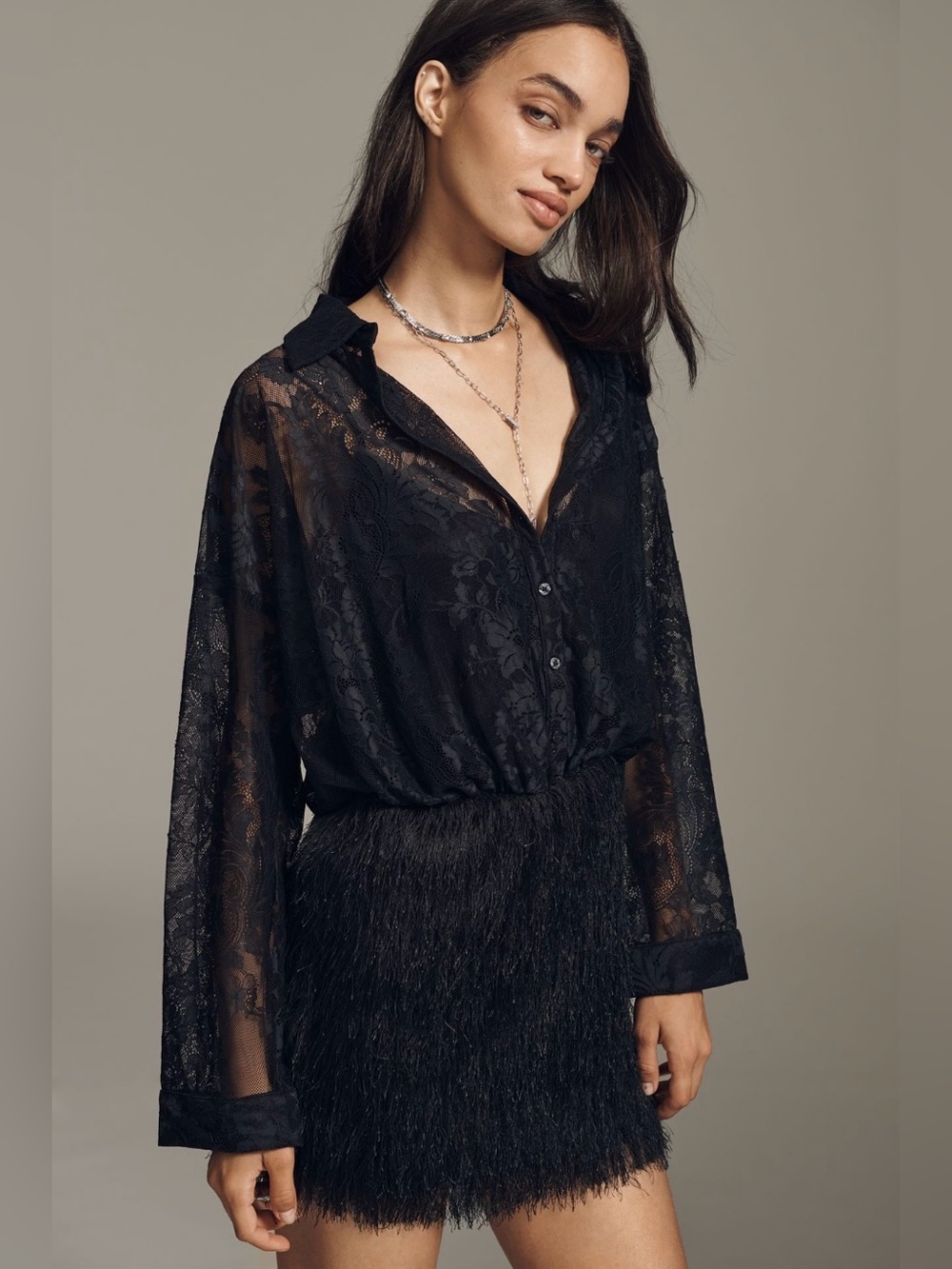NWT Anthropologie Maeve Fringe Twofer Mini Shirt Dress Sz S